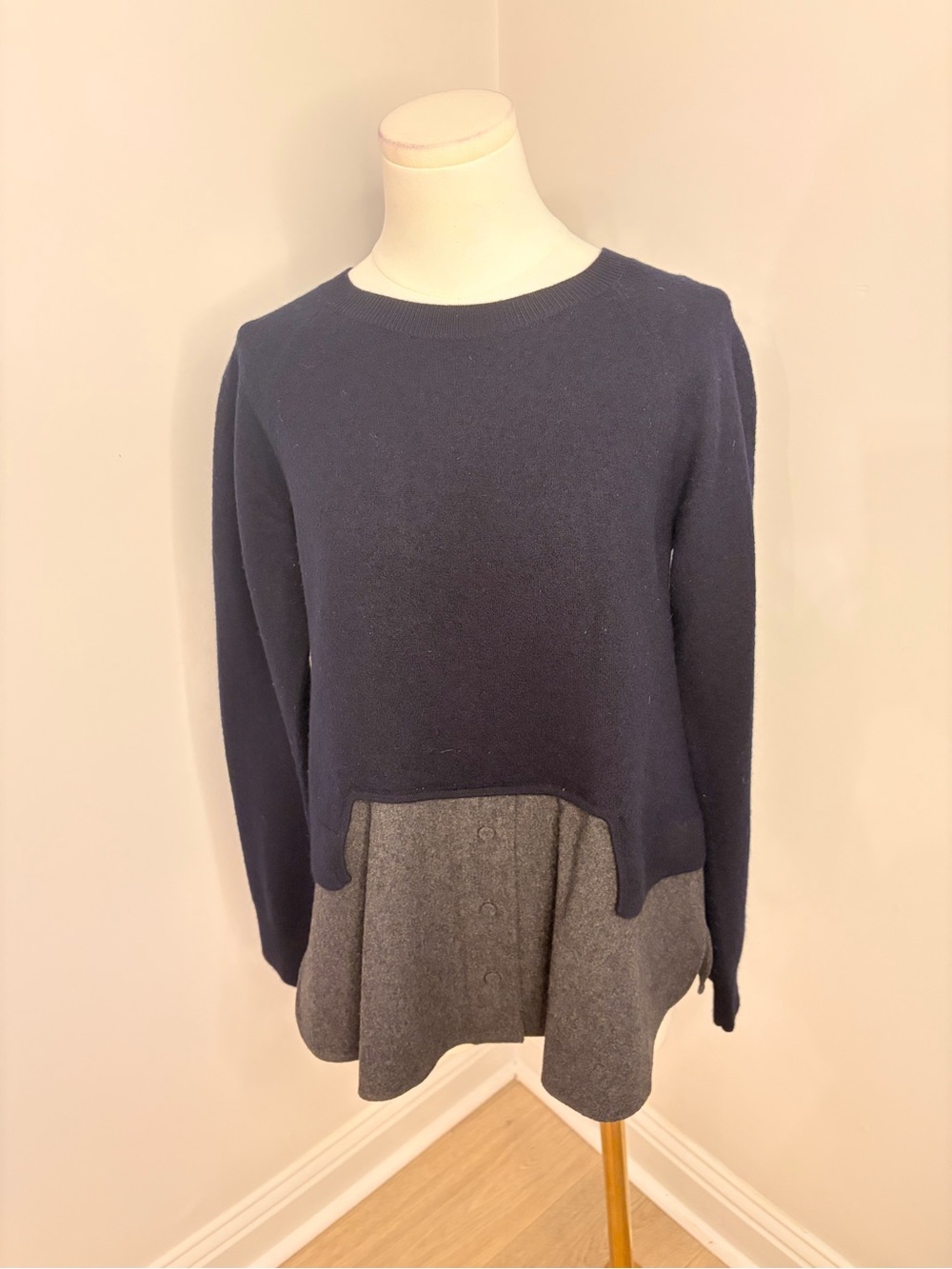 Carven Navy Wool Sweater with Grey Inset Size L